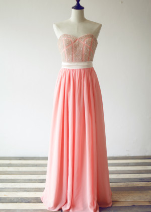 Beaded Coral Chiffon Latest Prom Dress